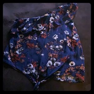 One shoulder dark blue floral blouse